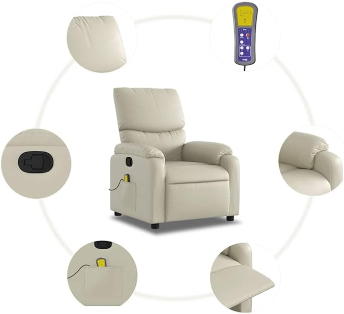 vidaXL Leather Massage Recliner Chair for Living Room Home Theater 6-Point Vibration Massage Adjustable Back &amp Footrest Side Pocket Cream