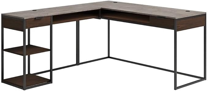 Pemberly Row L-Shaped Engineered Wood Desk Deco Stone Gray Finish 65.98 W x 60 D x 29.72 H Powder Coated Metal Frame Cord Management 2 Drawers Fixed Shelf Cubby Storage Home Office Desk