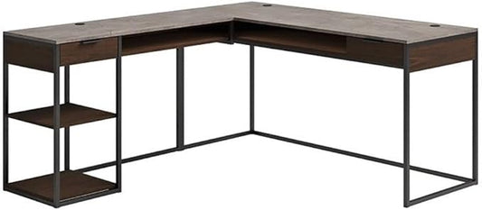 Pemberly Row L-Shaped Engineered Wood Desk Deco Stone Gray Finish 65.98 W x 60 D x 29.72 H Powder Coated Metal Frame Cord Management 2 Drawers Fixed Shelf Cubby Storage Home Office Desk