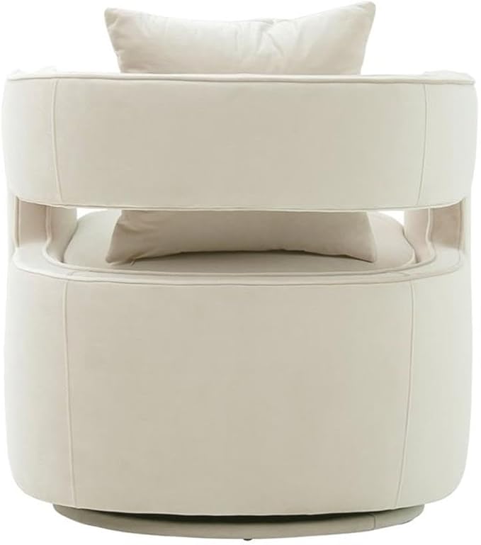 Maklaine 31.5 Velvet Swivel Accent Chair Cream Finish Solid Wood Frame and Stainless Steel Base Plush Foam Fill Transitional Style Handmade Chair for Living Room or Bedroom Seating