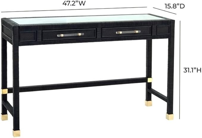Pemberly Row Modern Rattan Desk 47.2 W x 15.8 D x 31.1 H Wood Frame with Glass Top Charcoal Finish 2 Soft-Close Drawers Handmade Contemporary Writing Desk for Home or Office