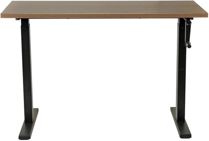 Pemberly Row Adjustable Height Desk 47.25 Wood Worksurface in Danish Walnut Black Steel Base Ergonomic Design Crank Height 27.75-47.5 in Home Office or Study Desk