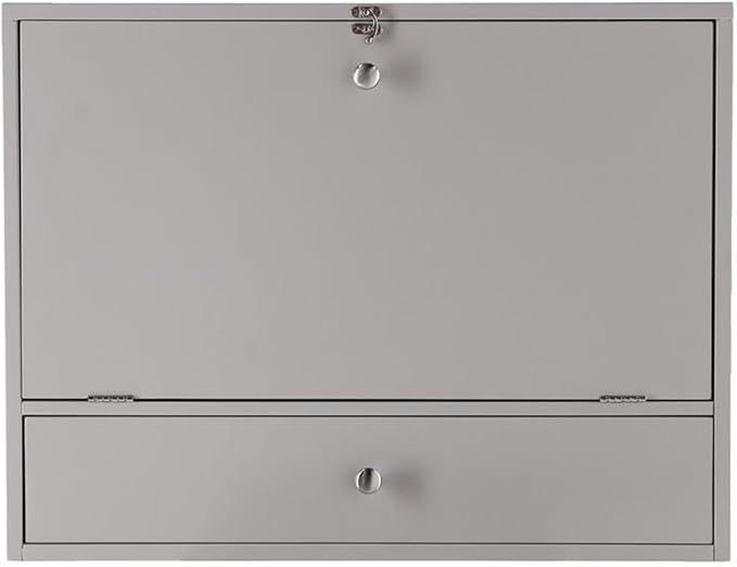 BOWERY HILL Modern Wooden Wall Mounted Laptop Desk Warm Gray Finish Engineered Wood Fold-Down Writing Surface Multiple Storage Compartments Corkboard Compact Design for Home Office or Kitchen