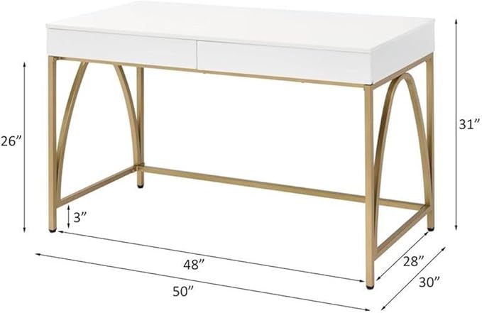 Pemberly Row Lightmane Wooden Top Writing Desk 50 W x 30 D x 31 H White High Gloss Finish with Gold Metal Legs 2 Storage Drawers Rectangular Computer Desk for Home Office