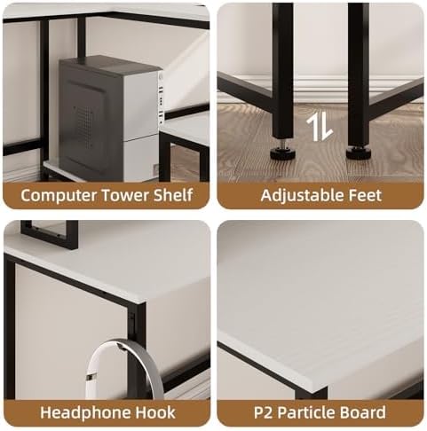 Mexin Double Desk for Two People - 83.7 Inch 2 Person Desk with Storage Shelves and Power Outlets Home Office Desk with Monitor Stand Long Gaming Desk Large Workstation White