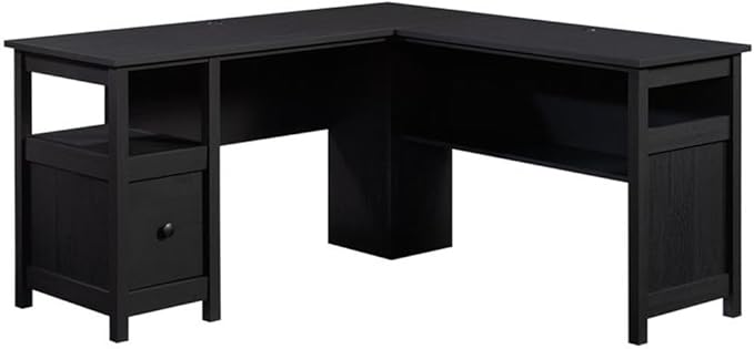 Pemberly Row L-Shaped Engineered Wood Computer Desk Raven Oak Finish 59 in Width File Drawer Cord Management Lower Shelf Finished Sides Home Office Desk for Organization and Storage
