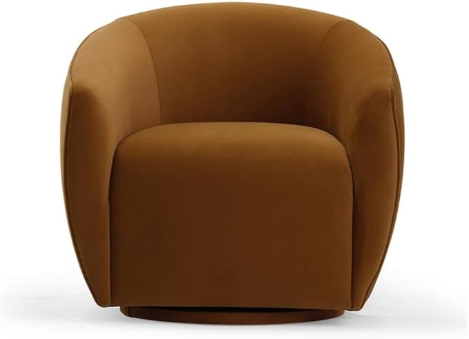 Pemberly Row Modern Cognac Velvet Swivel Chair 360-Degree Rotating Seat High-Density Foam Curvaceous Silhouette Sloped Arms Handmade Accent Chair for Living Room or Office Use