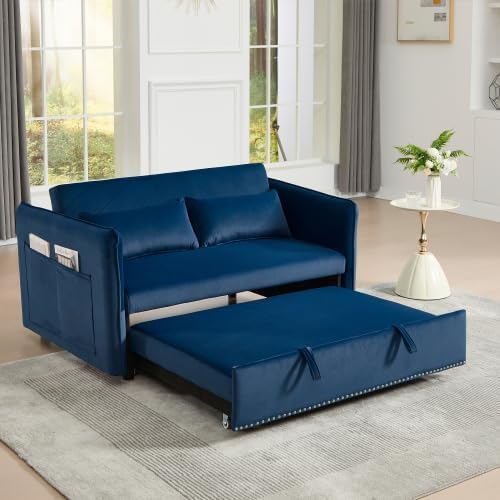 3 in 1 Sofa Bed Convertible Pull Out Couch with Side Pockets Velvet Fabric Loveseat Sleeper Sofa Bed Pull Out Couch with Adjustable Backrest for Living Room Bedroom Apartment Blue
