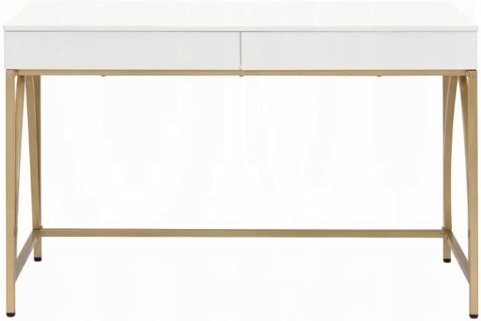 Maykoosh Modern Home Office Desk - White Gloss Top &amp Gold Metal Legs