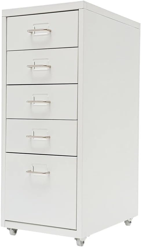 5-Drawer File Cabinet Office Filing Cabinet Stand Storage Organizer with Wheels Freestanding Rolling Storage Dresser Mutifuctional Tool Organizer for Kitchen Bedroom Living Room (White)