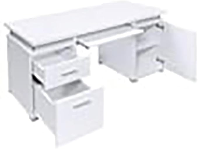 Pemberly Row 2-Drawer Wood Computer Desk 55 W x 23.5 D x 29.5 H White Finish Modern Home Office Desk with Keyboard Tray File Drawer Adjustable Shelf Storage Cabinet Silver Metal Accents