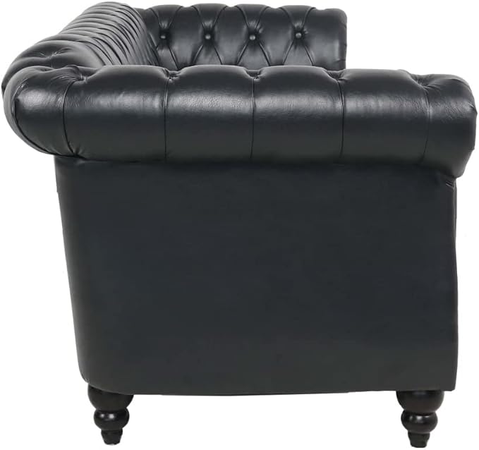 84 Chesterfield Couch PU Leather Modern Rolled Arm Tufted Back 3 Seater Sofa Upholstery Nailhead Trim Couches for Living Room Office (Black)