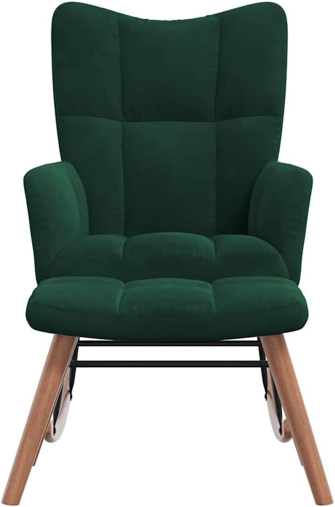 vidaXL Velvet Rocking Chair Set with Stool Dark Green- Modern Design Lounge Seating Furniture with Steel Frame &amp Wooden Rails