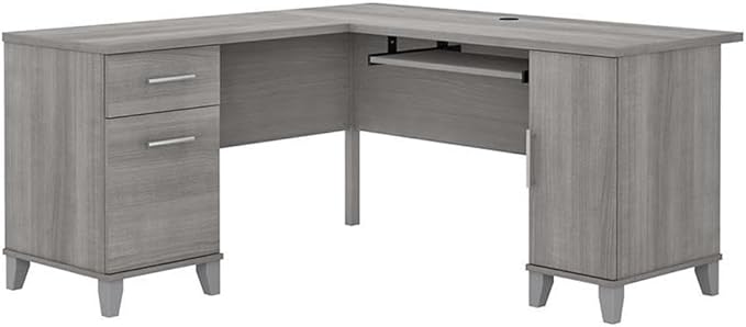Pemberly Row 60W L Shaped Desk with Storage Platinum Gray Finish Engineered Wood Pullout Keyboard Tray Adjustable Shelf File Drawer Home Office or Living Room Desk