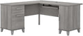 Pemberly Row 60W L Shaped Desk with Storage Platinum Gray Finish Engineered Wood Pullout Keyboard Tray Adjustable Shelf File Drawer Home Office or Living Room Desk