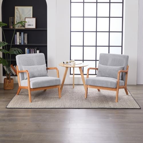 Corduroy Accent Chair Set of 2 Mid Century Modern Armchair with Soft Cushion Wingback Lounge Chair with Solid Wood Frame for Bedroom Living Room Reading Room (Light Grey)