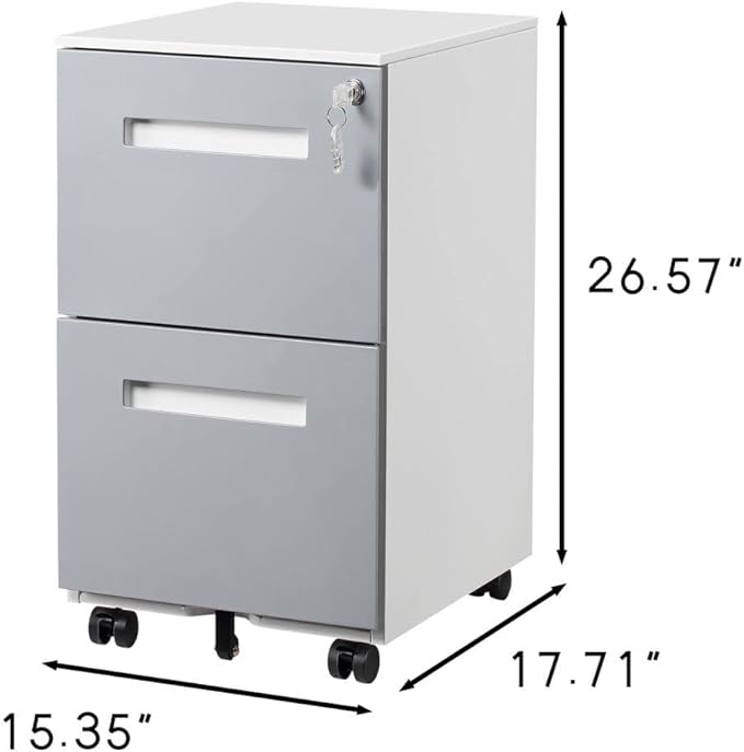 3-Drawer Mobile Filing Cabinet with Lock Legal/Letter Sized Office Storage Suitable for Offices and Study Rooms (2 Drawer Grey + Metal)