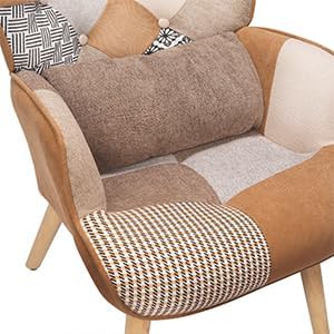 HomeMiYN Accent Patchwork Chair with Ottoman Set Fabric High Wingback Chair Comfy Bohemian Flax Design with Throw Pillow for Living Room Bedroom Patchwork Brown