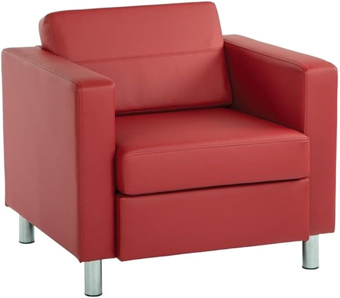 Pemberly Row Contemporary Armchair Dillon Lipstick Red Vinyl Faux Leather Upholstery Silver Finish Metal Legs Box Spring Cushioned Seat 32 W x 30.5 D x 29.5 H Modern Guest or Accent Seating