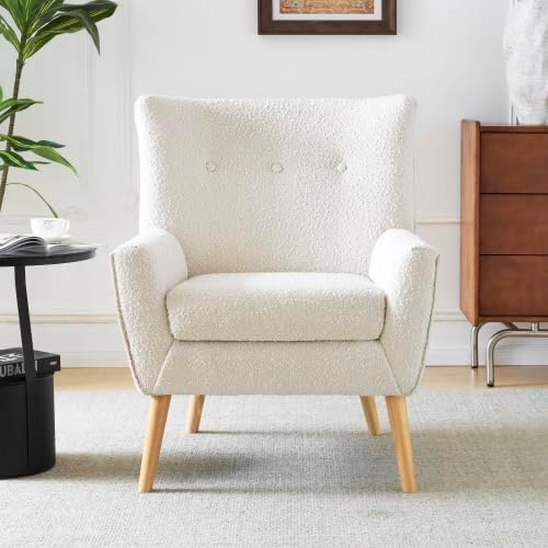 Modern Cozy Vanity Chair with rubber wood Legs Boucle Fabric Armchair with Removable Seat Cushion for Living Room Bedroom Office Guest Room Makeup Room Almond