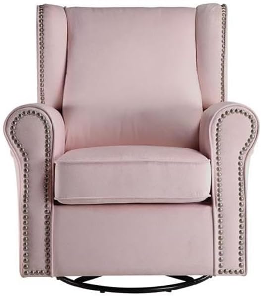 BOWERY HILL Contemporary Swivel Chair with Glider Pink Fabric Upholstery Wingback Design Nailhead Trim Loose Seat Removable Cushion Cover 35 L x 34 D x 37 H Accent Chair for Living Room