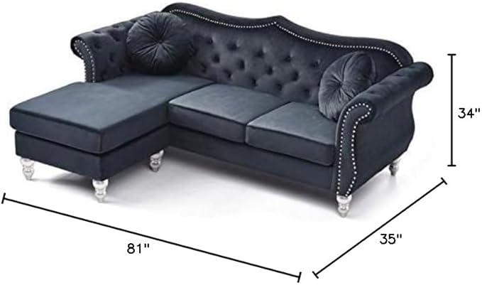 MAKLAINE Transitional Tufted Velvet Sofa Chaise Black Finish 81 in Wide Hardwood Frame Pocket Coil Seat Turned Wood Legs Hand Applied Nailheads Flared Arms Living Room Seating Includes 2