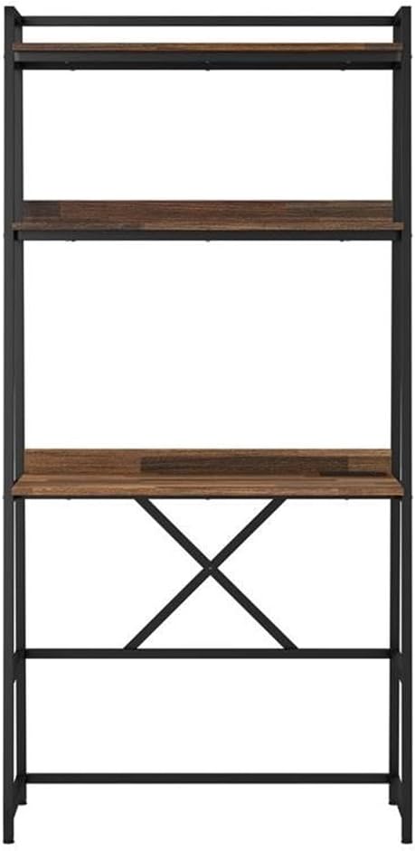 Pemberly Row Transitional Metal Writing Desk 36 W x 17 D x 73.63 H Brown and Black Finish USB and Power Outlet Steel Frame with Shelves Minimalist Design Home Office Desk