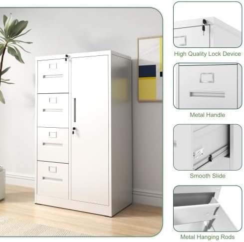 4 Drawer and 1 Door Metal File Cabinet with Lock Under Desk Locking Drawers Storage Cabinet Organizer Filing Cabinets for Home OfficeWhite-4Drawer-1Door