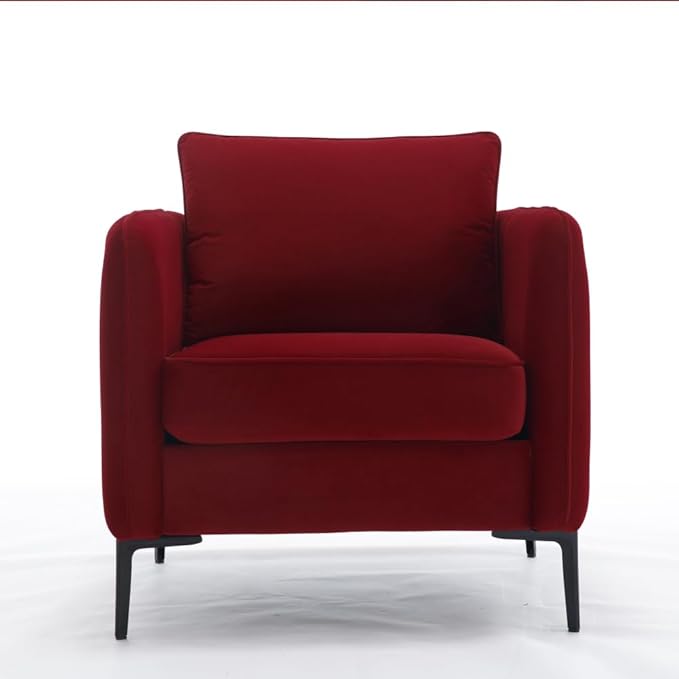 Velvet Accent Chair Mid-Century Modern Armchair with Metal Legs Single Sofa Chair for Living Room Bedroom Office Reading Includes Pillow (Wine RED + Steel + Velvet + Wood + 1 Seat + Foam)