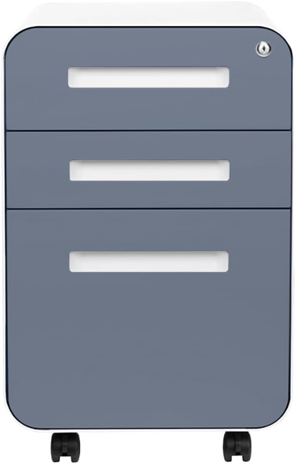 Laura Davidson Furniture Stockpile 3 Drawer File Cabinet with Lock - Under Office Desk Metal Filing Cabinet Legal/Letter File Folders Wheels and Stationary Feet Pre-Assembled Coastal Blue