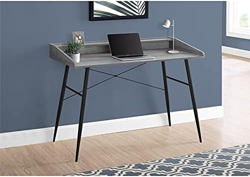 Pemberly Row 47.25 Wood Computer Desk with Small Hutch Gray Finish Mid-Century Modern Style Metal Base with Black Legs Compact Laptop or Writing Table for Home Office or Bedroom