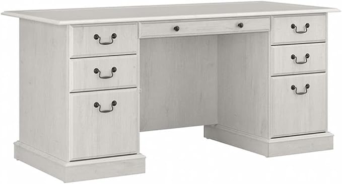Scranton &amp Co Traditional Executive Desk Wood Construction Linen White Oak Finish 66W x 30D Lockable Drawers Breakfront Design Sturdy Computer Desk for Home Office or Workspace