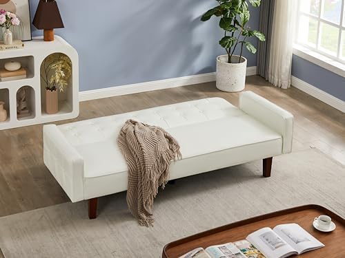 Modern PU Leather 3-Seat Couch Adjustable Backrest Convertable Sofa Sleek Minimalist Fold Out Couch Loveseat with Armrests Sofa for Living Room Home Office Spaces White