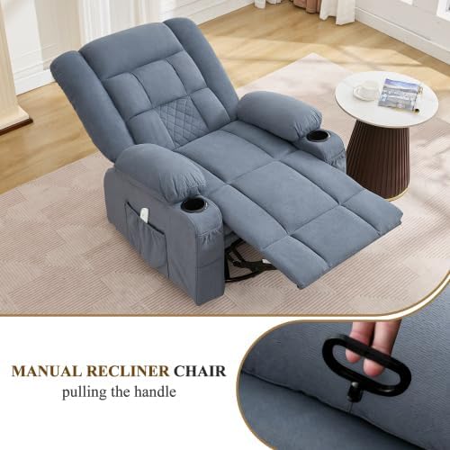 Oversized Recliner Chair for Adults w/ 8-Point 3D Kneading Massage and Lumbar Heating Swivel Rocker Recliner w/USB Charge Port for Living Room Ergonomic Lazy Boy Single Sofa Chair (Blue)