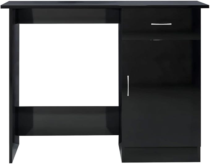 vidaXL High Gloss Black Desk in Engineered Wood - Modern Design with Drawer and Door Ideal for Office/Study/Dormitory/Hallway - Easy to Clean Surface (39.4 x 19.7 x 29.9)