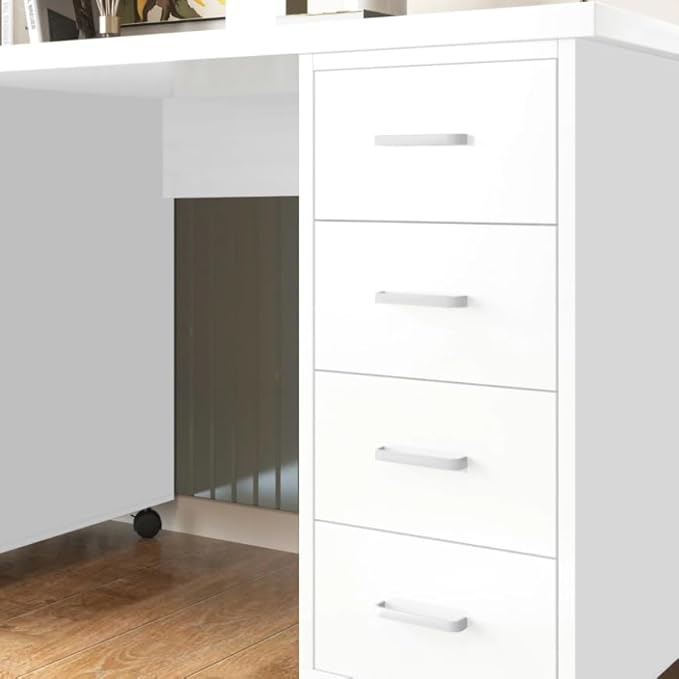 Computer Desk Writing Desk with Lockable WheelsModern Wood Study Desk with 4 Drawers for Home Office Workstation (White)