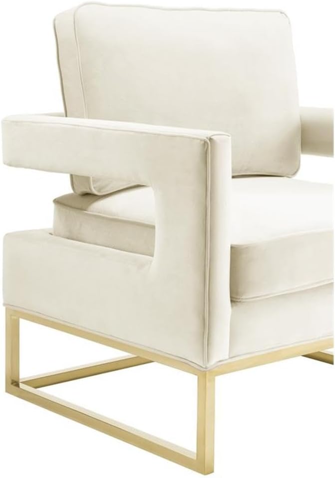 Pemberly Row Modern Velvet Accent Chair Cream and Gold Finish 20 Seat Height Stainless Steel Legs Handmade Design Luxe Upholstery 35.5 H x 33.5 W x 29 D Living Room or Bedroom Seating