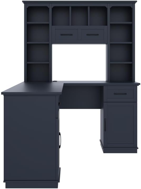 Polibi L-Shaped Computer Desk with Storage - 2-in-1 Design with 2 Drawers and 2 Cabinets 11 Open Shelves &amp Power Outlet for Home Office Study Room Antique Blue