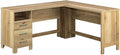 Pemberly Row Farmhouse L-Shape Engineered Wood Desk Timber Oak Finish 29.76 H x 65.12 W x 59.84 D File Drawer Open Shelf Home Office Desk for Storage &amp Organization