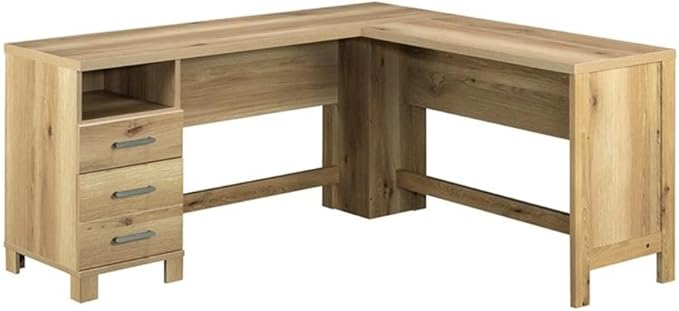 Pemberly Row Farmhouse L-Shape Engineered Wood Desk Timber Oak Finish 29.76 H x 65.12 W x 59.84 D File Drawer Open Shelf Home Office Desk for Storage &amp Organization
