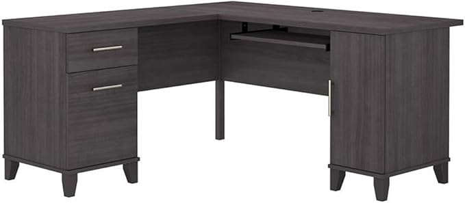 Pemberly Row 60W L Shaped Desk with Storage Storm Gray Finish Engineered Wood Pull-Out Keyboard Tray File Drawer Vertical Cabinet Wire Management Home Office Corner Desk