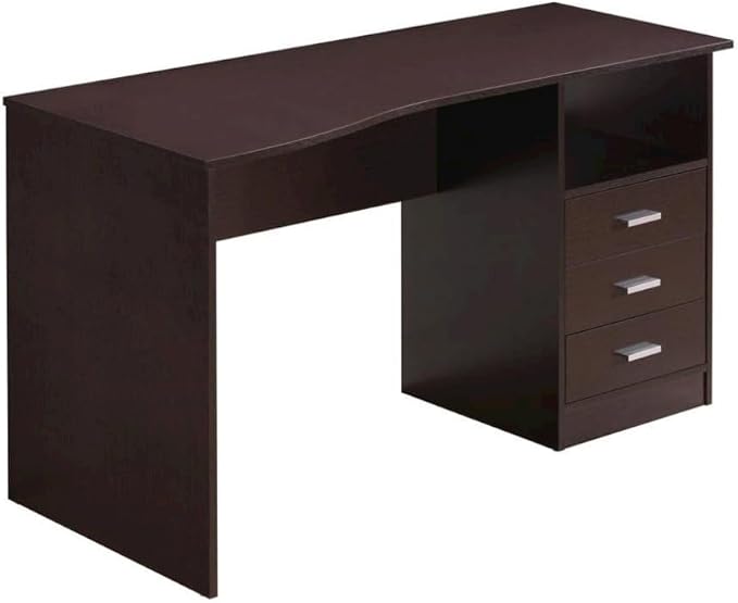 Brown Wood Desk with Storage Featuring 3 Drawers Under Table Shelf Contoured Top for Home Office Use As Writing Desk Or Computer Workstation