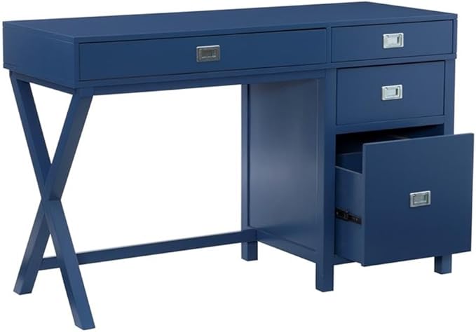 Pemberly Row Modern Wood Side Storage Desk 48 W x 18 D x 30 H Navy Blue Finish 4 Drawers with Silver Handles X-Frame Design Home Office or Bedroom Desk for Writing or Computer Use