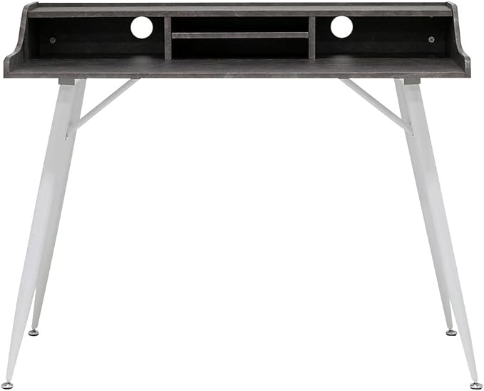 Calico Designs Woodford 45” Wide Modern Secretary Writing Desk with Low Storage Hutch and Whtie Metal Tapered Legs in Marbled Dark Grey White