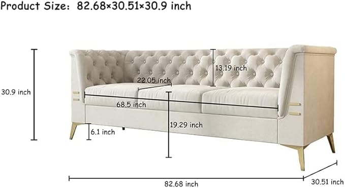 Tomkate 83 Beige Velvet Chesterfield Sofa Mid-Century Modern Tufted 3-Seater Couch with Flared Arms Removable Cushions &amp Gold Metal Legs for Living Room (Beige)
