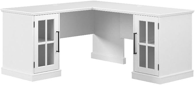 BOWERY HILL Modern 60W L Shaped Computer Desk White Ash Finish Storage Cabinet with Adjustable Shelves Wire Management Grommets Glass Doors Matte Black Handles Home Office Furniture
