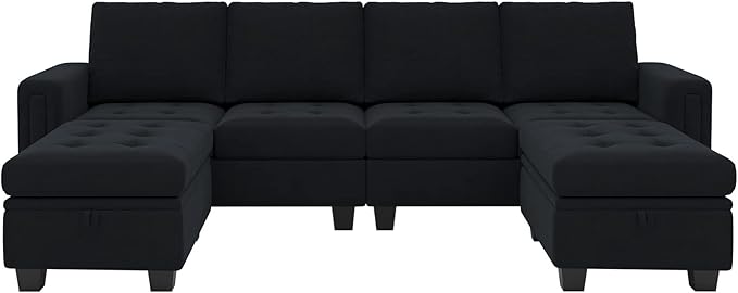 Belffin Velvet U Shaped Sectional Sofa Couch with Storage Ottoman Convertibel Sectional Sofa with Reversible Chaises Black