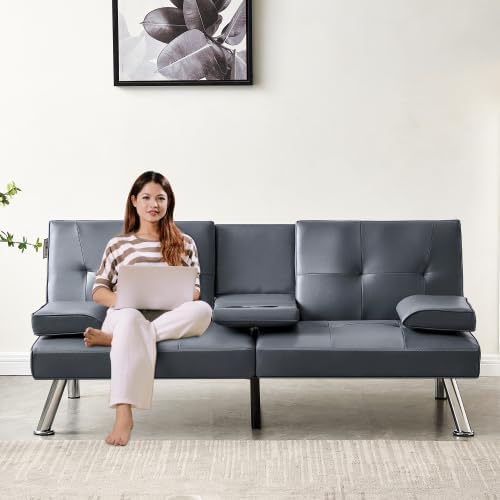 Convertible Folding Futon Sofa Bed with Metal Legs &amp 2 Cupholders Modern New Upholstered Couch Loveseat Sleeper Folding Couches Bed Removable Armrests for Small Spaces (Gray)