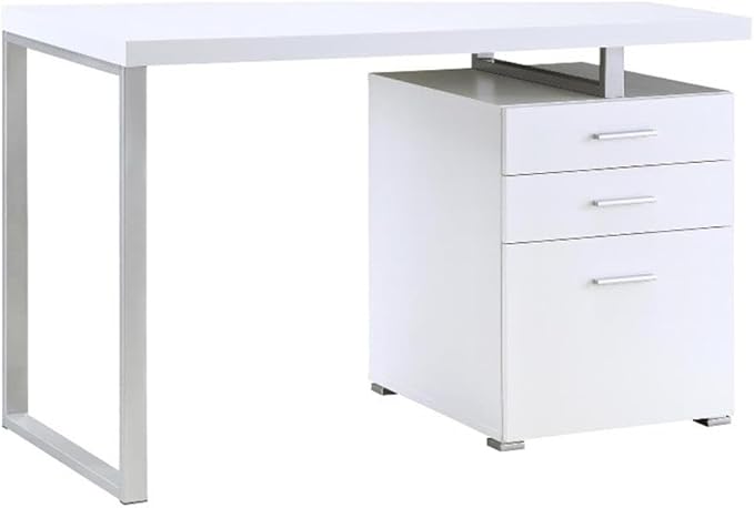 Pemberly Row Modern 3-Drawer Wood Office Desk 47.25 W x 23.5 D x 30 H White Finish Silver Metal Frame Spacious File Cabinet Reversible Setup Home Office Desk for Indoor Use