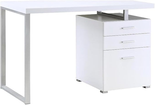 Pemberly Row Modern 3-Drawer Wood Office Desk 47.25 W x 23.5 D x 30 H White Finish Silver Metal Frame Spacious File Cabinet Reversible Setup Home Office Desk for Indoor Use
